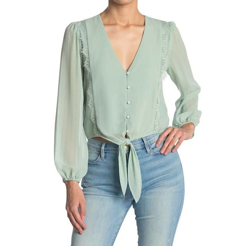 WAYF Women's Lace Trim Knotted Long Sleeve Blouse Sage Medium MSRP‎ $59